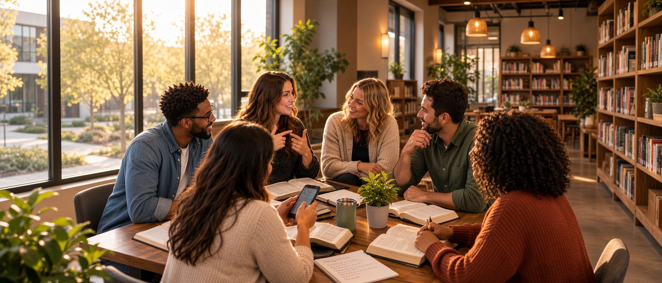Friends around a table of open Bibles, one signing as the others watch, one writing notes on her phone.